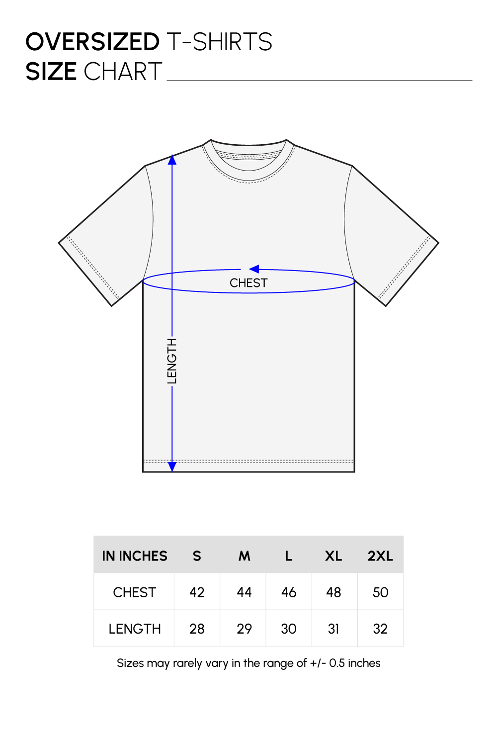 Oversized T-shirt size chart