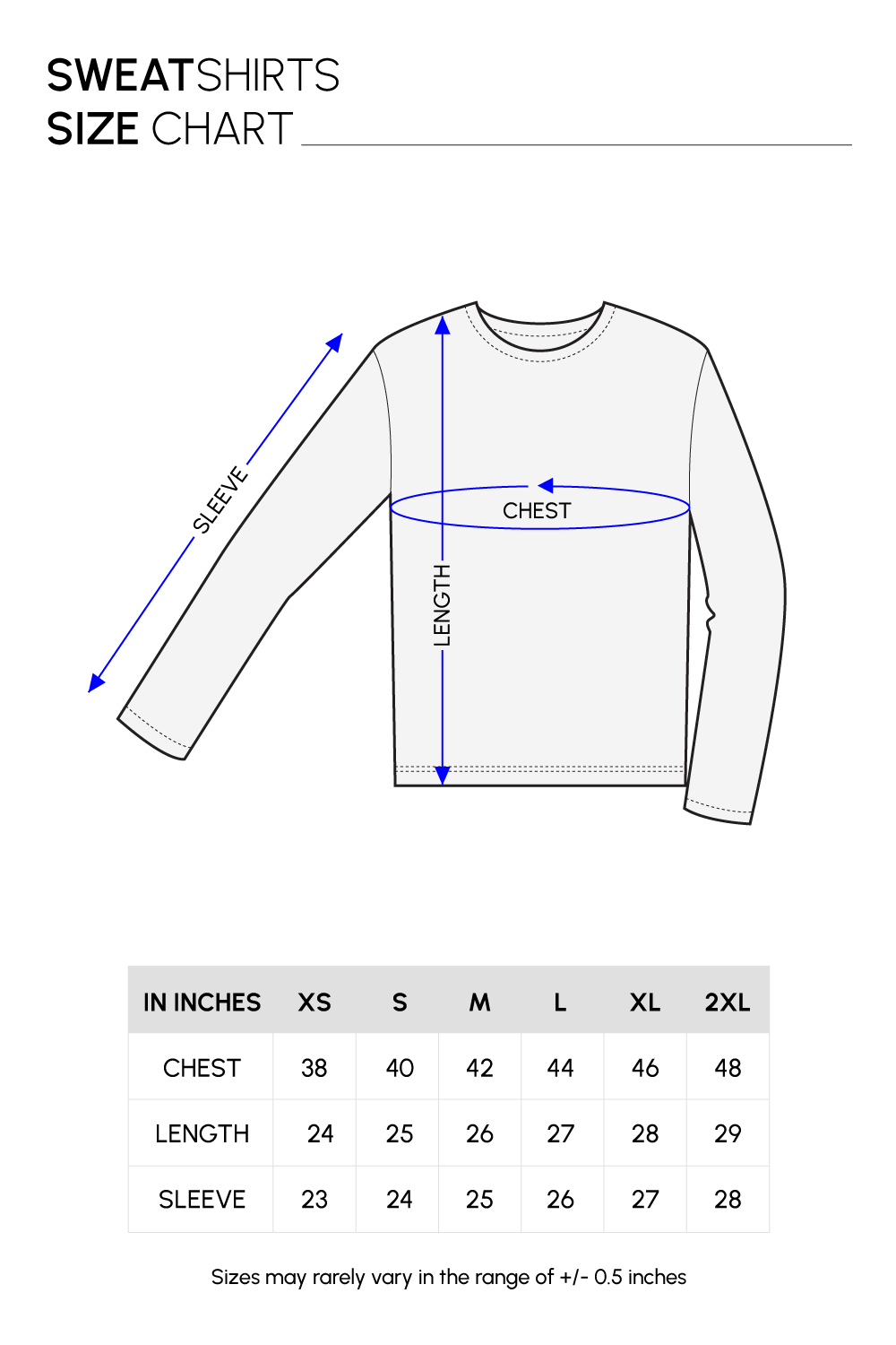 Sweatshirt size chart